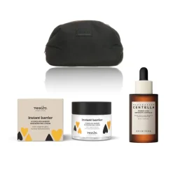MINTI Collection Small Pillow Puff Bag Black Miękka kosmetyczka + SKIN1004 MADAGASCAR CENTELLA Probio-Cica Intensive Ampoule + Resibo Instant Barrier krem do twarzy