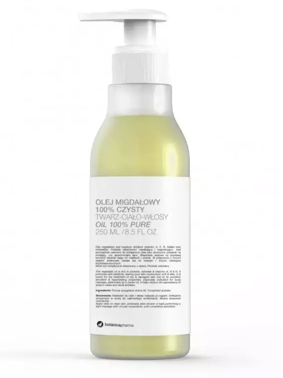 Olej migdałowy 100% czysty do twarzy ciała i włosów pompka 250ml