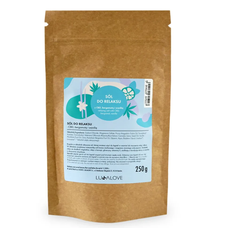 Sól do kąpieli EPSOM do relaksu z CBD, bergamotą i wanilią 250g