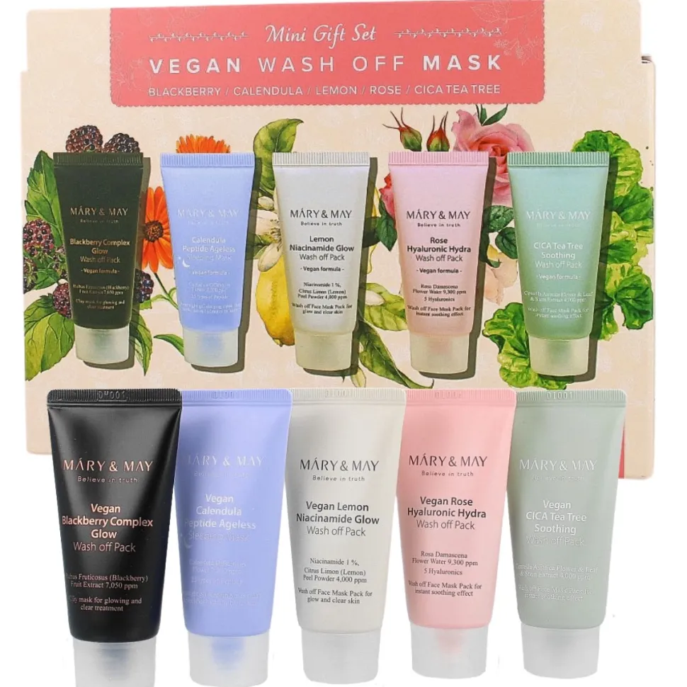 Vegan Wash Off Mask MINI Gift Set Zestaw pielęgnacyjnych masek do twarzy + silikonowy pędzelek